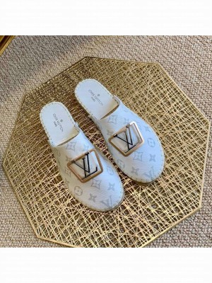 Louis Vuitton Monogram Canvas Espadrille Flat Mules with Square LV Buckle White 2021 Collection