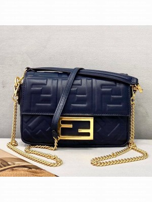 Fendi Baguette Mini FF Logo Lambskin Flap Bag Navy Blue  2021 Collection