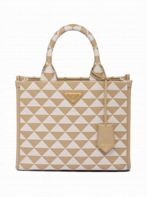 Prada Small Prada Symbole Embroidered Fabric Handbag 1BA354 Cream