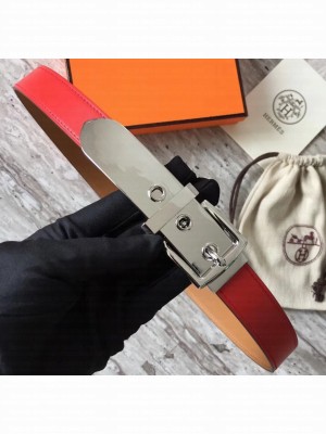 Hermes Square Buckle Leather Belt Red/Silver