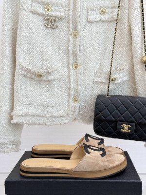 Chanel Suede Flat Slides Sandal with Maxi CC Beige 2025