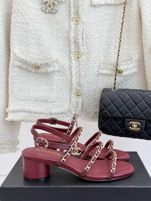 Chanel Lambskin Heel Sandals with Chain Strap Burgundy 2025 G45667