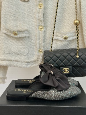 Chanel Sequins Flat Mules with Maxi Bow Black 2024