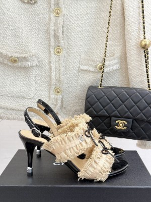 Chanel Fabric Trim Bow Heel 8cm Sandals 2025 Beige