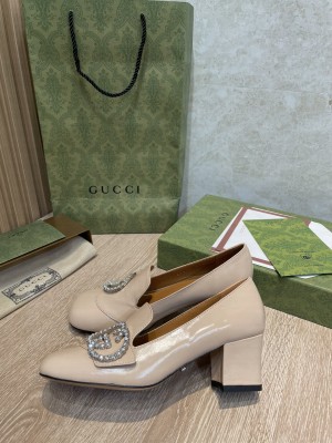 Gucci Leather Loafer Pumps 5cm with Crystal Double G Beige 2022 Collection