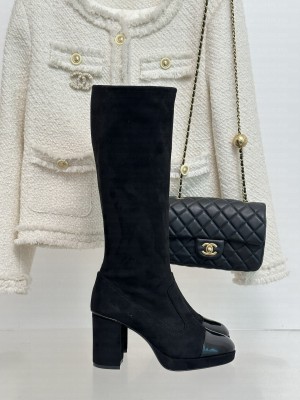 Chanel Suede Kidskin & Patent Calfskin 8cm Long Boots Black 03