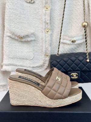 Chanel Quilted Lambskin Wedge Slides Sandal 8cm Khaki 2024 