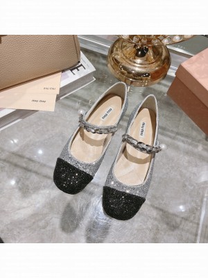Miu Miu Glitter Flats with metal chain and artificial pearl embellishment 