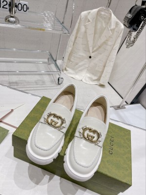Gucci Lug Sole Leather Loafers with Interlocking G White