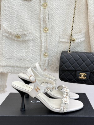 Chanel Calfskin Heel Sandals with Camellia White