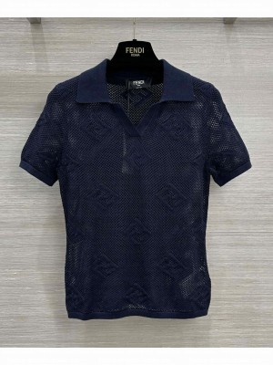 Fendi Women's FF Jacquard Polo Top Dark Blue