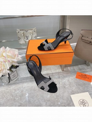 Hermes Hermes Suede Crystal Heeled Sandals 7cm Silver 2021 Collection 