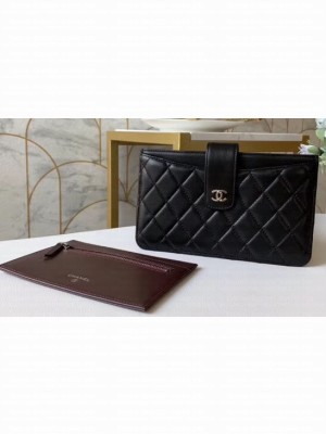 Chanel Classic Pouch Clutch Bag With Card Holder A81902 Lambskin Black/Silver