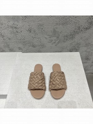 BOTTEGA VENETA Dot Wave Intreccio pleated leather Flat Slide Sandals Beige 2022 Collection