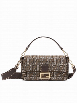 Fendi Baguette Embroidered FF Fabric Bag 8BR6008 Dark Coffee