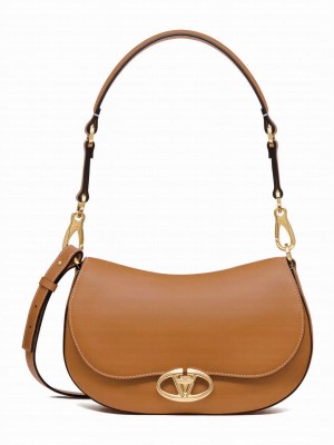 Valentino Small Valentino Garavani Ohval Shoulder Bag In Nappa Calfskin Coffee