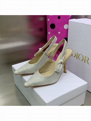 Dior J'Adior Slingback Pumps 9.5cm in Grey Cotton Embroidered with Crystal 2022 Collection