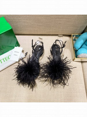 Bottega Veneta FEATHER DOT Leather and ostrich feather flat sandals Black 2021 Collection