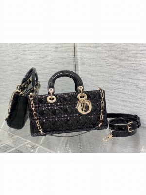 MEDIUM  LADY D-JOY BAG Patent Cannage Calfskin M0540ON BLACK