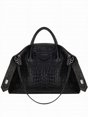 Givenchy Medium Antigona Soft Bag In Crocodile Effect Leather Black
