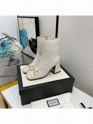 Gucci Women's White GG Horsebit  Heel 5.5/7.5cm Lambskin Ankle Boot 2021 Collection