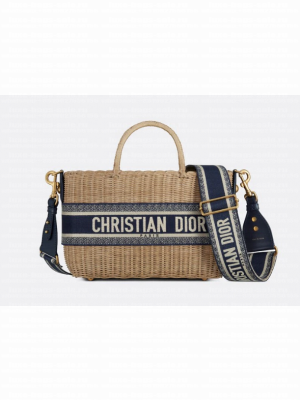 DIOR WICKER BASKET BAG Blue Dior Oblique Jacquard and Natural Wicker M7601