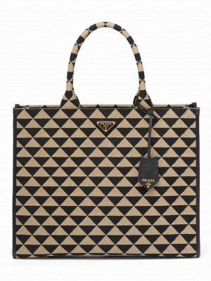 Prada Large Symbole Jacquard Fabric Handbag Black