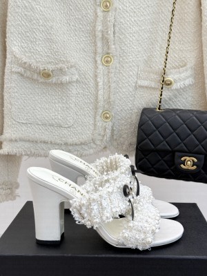 Chanel Tweed & Pearls Heel Slides Sandal 9cm with Bow White 2025
