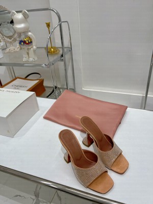 Amina Muaddi Caroline Crystal 9.5cm Slide Satin Open pointed toe Mule Sandal Light Brown