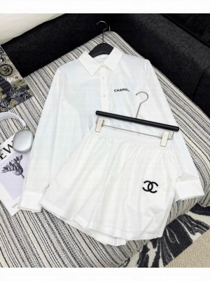 Chanel Women's Letter Embroidered Shirt Shorts Set White