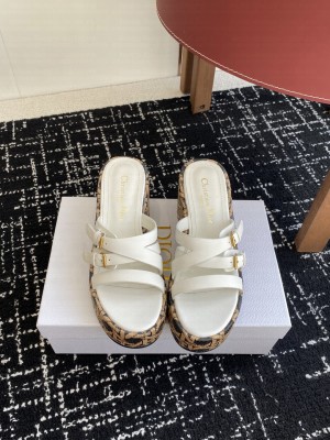 Dior L'Amazone Wedge Slide White Calfskin and Natural Graphic Cannage Raffia