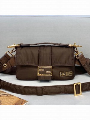 Fendi Men's Baguette Porter Nylon Medium Shoulder Bag/Belt Bag Coffee Brown  2021 Collection