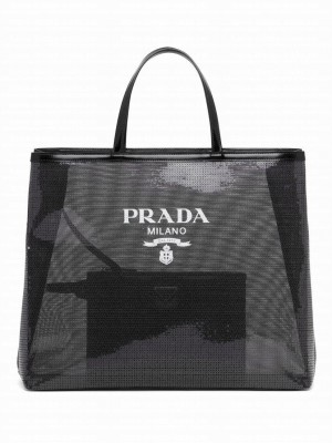 Prada Sequined mesh tote bag 1BG416 Black