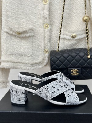 Chanel 4cm Rhinestone Letter Cross Strap Slide Mule Silver 01