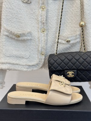 Chanel Lambskin Slide Flat Beige