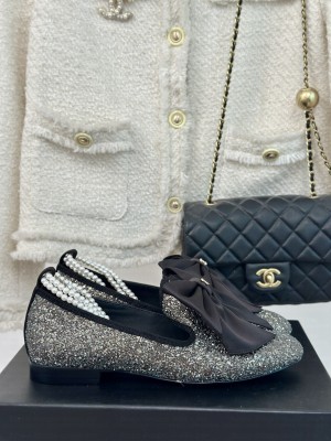 Chanel Glitter with Maxi Bow and Pearls Flat Black