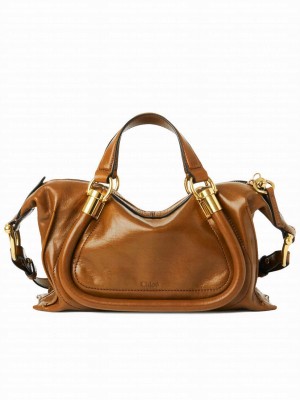 Chloe Small Paraty 24 Bag In Shiny Leather Coffee