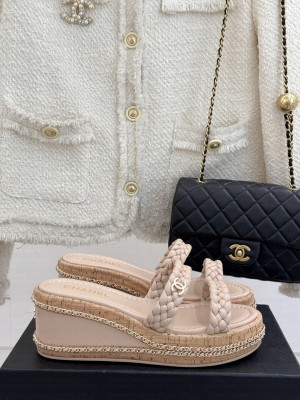 Chanel knit platform heel 7cm slipper pink 2025