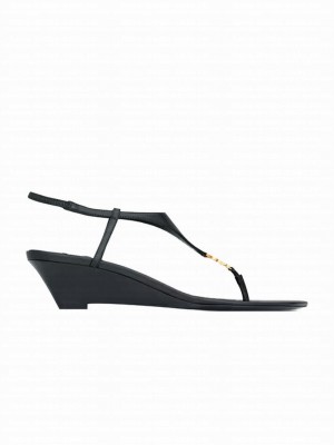 Saint Laurent Le Cassandra Smooth Leather Wedge Sandals Black