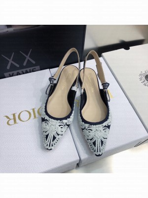 Dior J'Adior Slingback Flat in Deep Blue and White Cornely-Effect Embroidery 2022 Collection