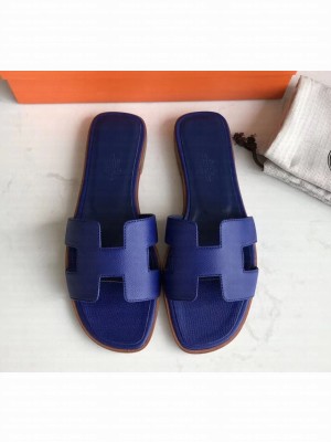 Hermes Oran Flat slippers in epsom leather cobalt blue with brown piping