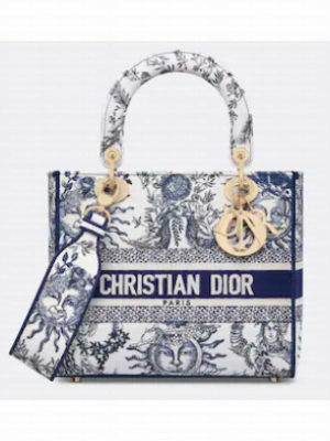 Medium Lady D-Lite Bag White and Navy Blue Toile de Jouy Soleil Embroidery M0565O