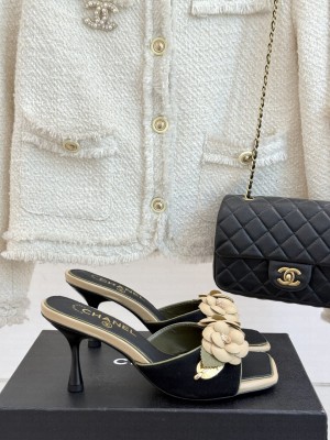 Chanel Suede Camellia Heel Slides Mule Black 2025 