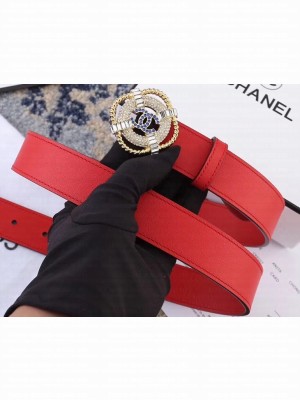 Chanel Width 3cm Crystal Square Buckle Leather Belt Red