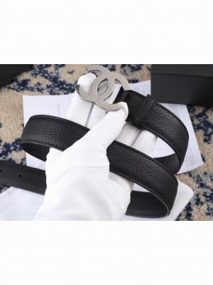 Chanel Width 3cm Leather Belt Black with Silver CC Logo