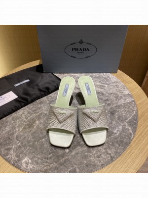Prada 6cm Satin slides sandals With Cryscals Mule 2022 Collection,Green