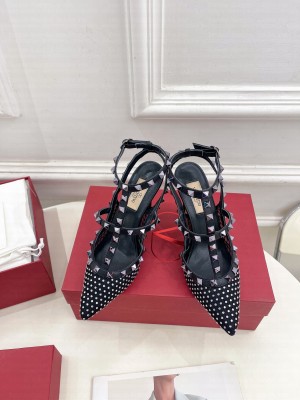 Valentino Garavani Rockstud leather and satin-trimmed crystal-embellished 95mm Sandals Black 