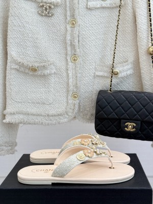 Chanel Tweed Flat Thong Slide Sandals with Charm Beige 2025 G46304