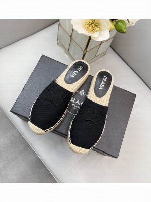 Prada Linen Logo Embroidered Slides Espadrilles Flats 2022 Collection,Black