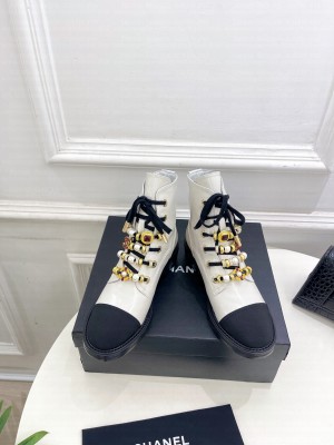 Chanel Calfskin, Grosgrain, Imitation Pearls, Strass & Metal White G45856 Combat Boots 02